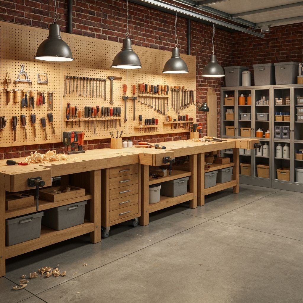 Premium workshop interior with warm lighting and organized tools