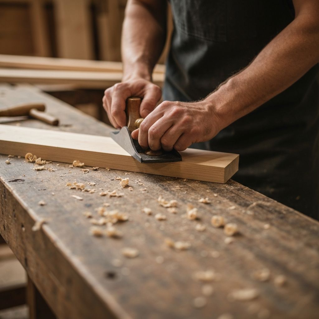 Hands crafting with woodworking tools in a warm workshop